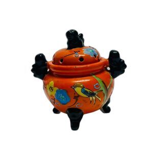 VTG Japanese Satsuma Morage Incense Pot Orange Bird Hand Painted Oriental Decor
